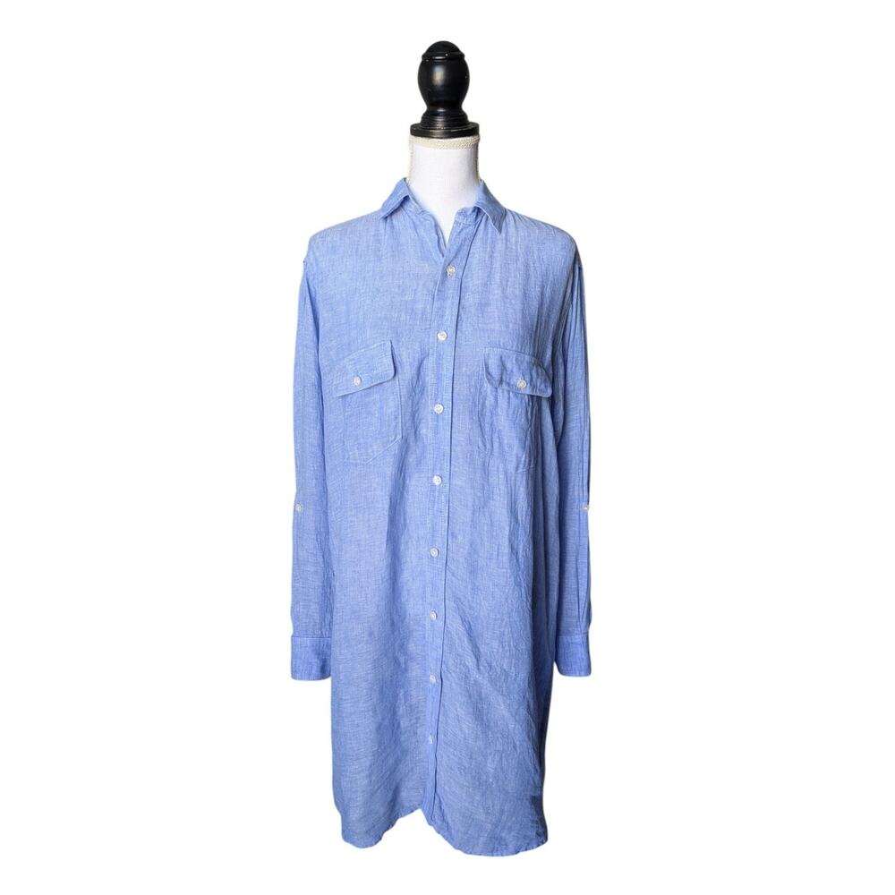 Emily Phillips Nashville Sky Blue Linen Girlfriend Dress Size 5 Large Button Up